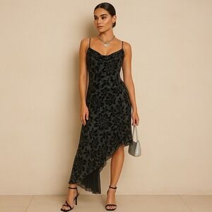 Vintage Y2K Cache Dress Black Burnout Velvet Silk 12 Asymmetric Whimsigoth Fairy